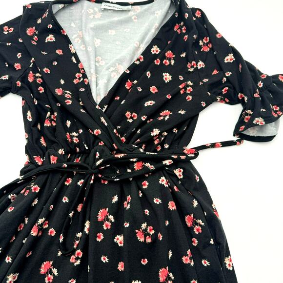 CITRUS & LEMON Women Medium Black pink Ditsy floral print faux wrap dress ruffle - Picture 3 of 7